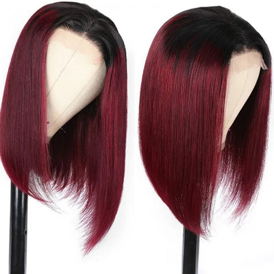 Short Straight Ombre 99J Bob Wig 4x4 Lace Closure Wig 2 Tones 1b/99J Color