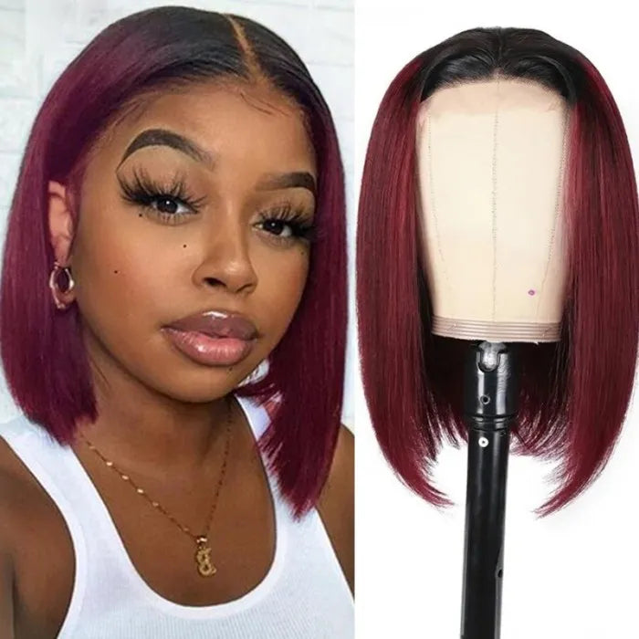Short Straight Ombre 99J Bob Wig 4x4 Lace Closure Wig 2 Tones 1b/99J Color