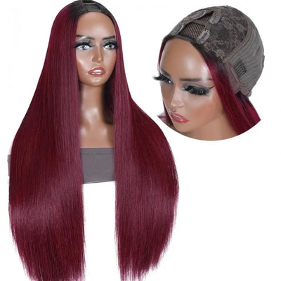 1B 99J Burgundy Ombre Human Hair Straight New U Part Wig